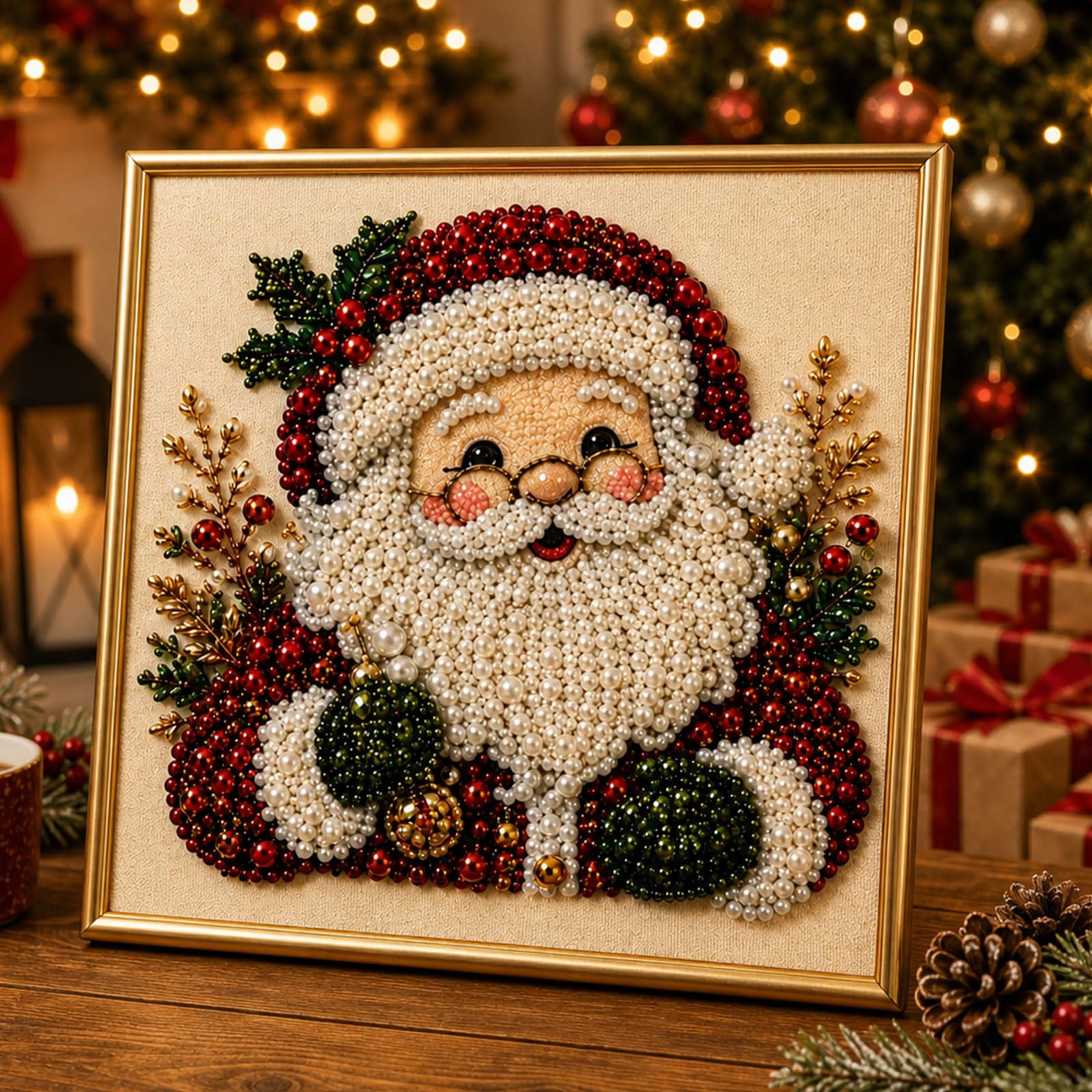 Art Craft Glasses Frames - ชุดอุปกรณ์วาดภาพเพชรไข่มุกคริสต์มาส DIY พร้อมกรอบ, งานศิลปะ 3D ประดับไข่มุกซานต้าสำหรับผู้ใหญ่,